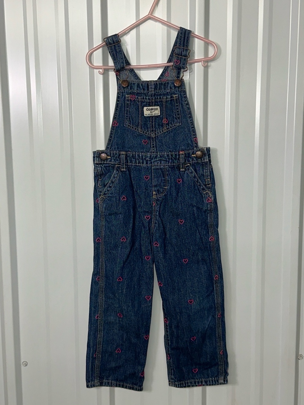 Girls Oshkosh B’Gosh Vintage Modern Heart Embroidered Bib Overalls Cottagecore
